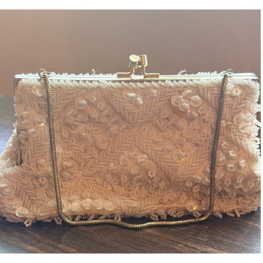 Vintage Beaded Sequin Clutch Purse 1960s Gold Snake Chain White Evening Bag OS